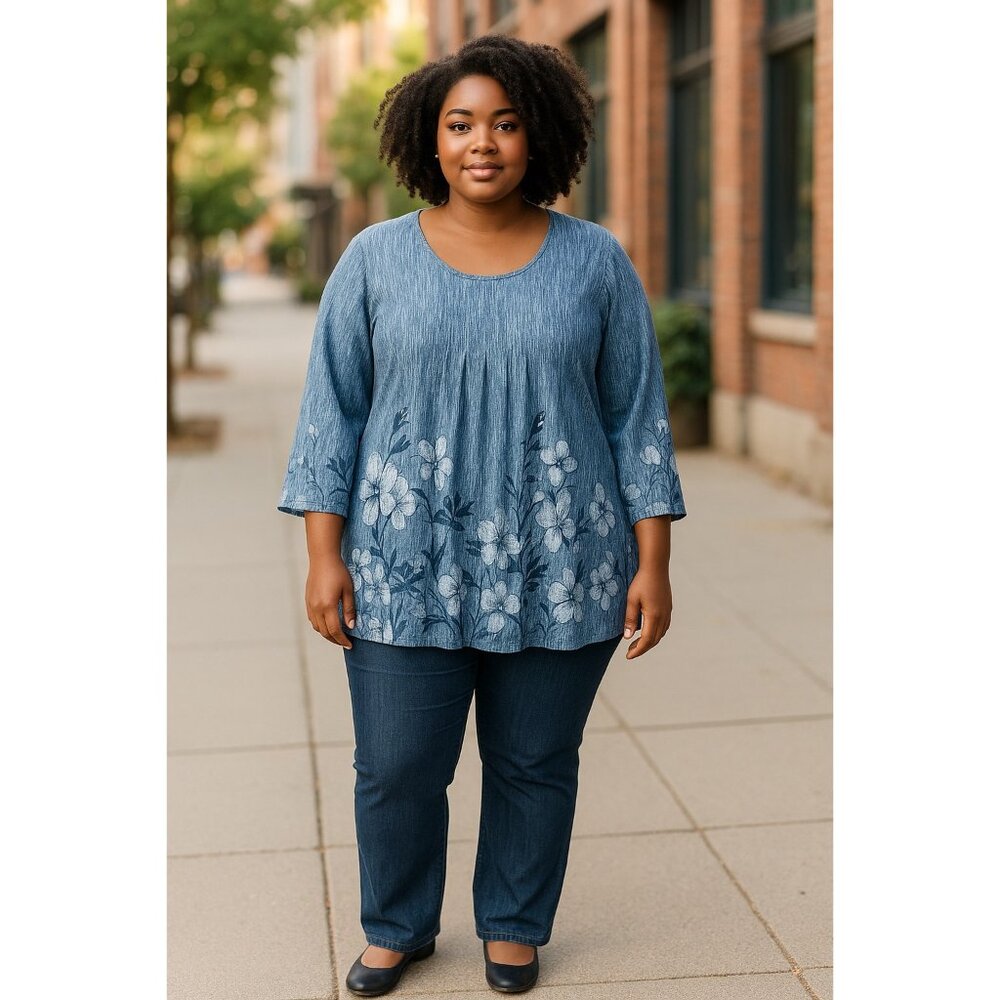 Timeson Womens XL Blue Floral Tunic Top 3/4 Sleeves Polyester/Spandex Blend